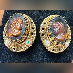 Vintage Cameo Earrings in Gold and Amber West Germany Clip on Filigree Lady